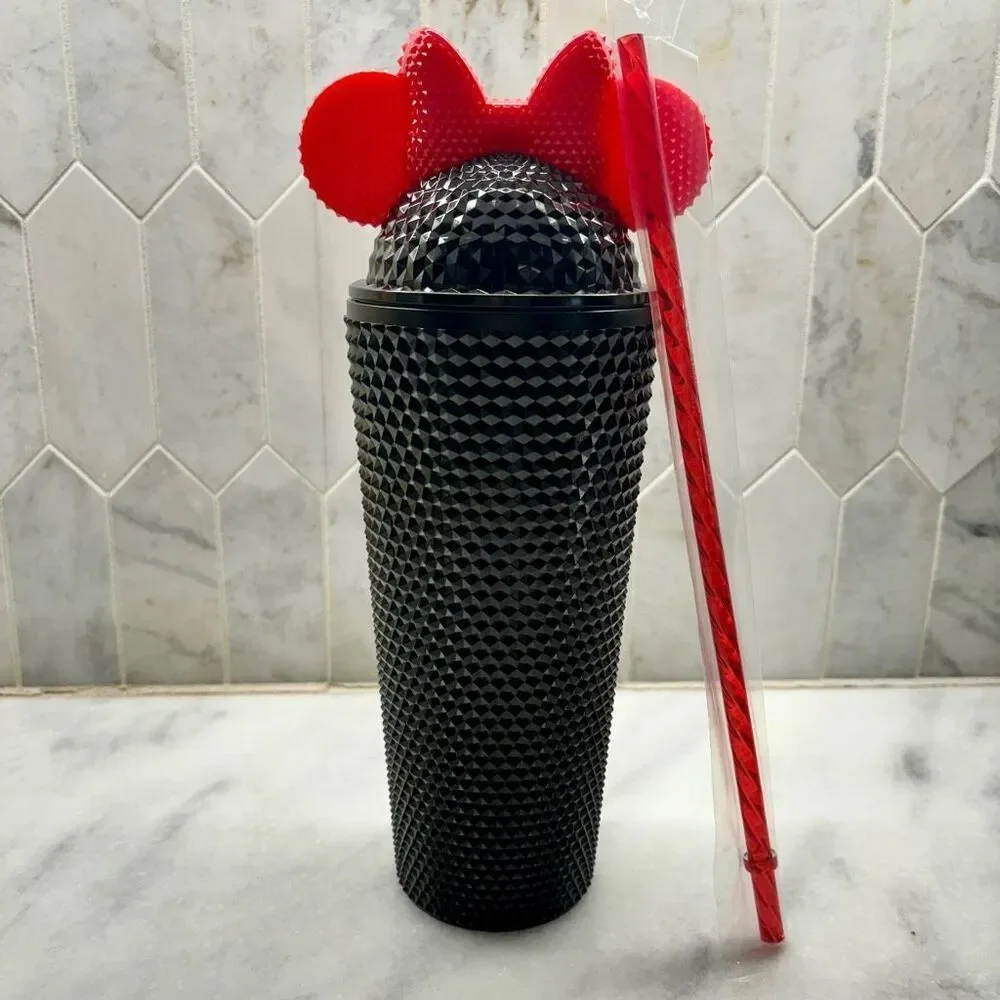 NWT Disney Kcare Minnie Mouse Textured Tumbler With Straw Black Red 20oz